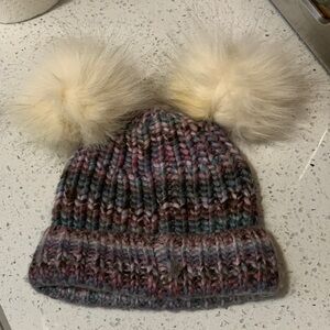 GAP Multicolor Knit Beanie with Cream Pom-Poms